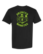 Drunken Frankenstein Monster Tee on black t-shirt – funny green drinking graphic shirt for Halloween and retro monster fans
