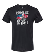 Distressed Cannibals Ate My Uncle T-Shirt: Skull & American Flag Design -