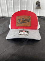Richardson 112 Leather Patch Hat: St Louis Baseball Script Red/ White/ Heather Grey -