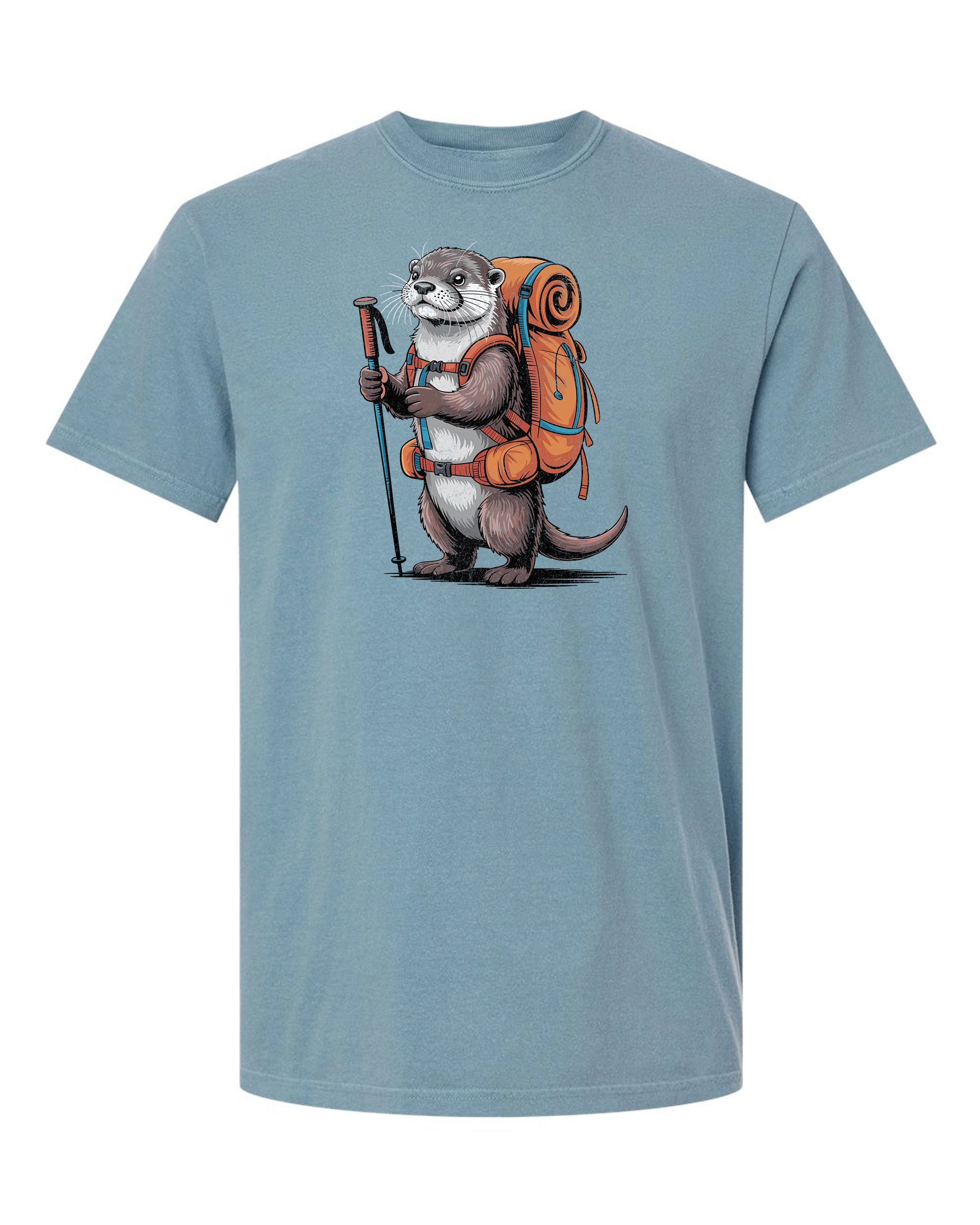 Ice Blue distressed hiking otter t-shirt with outdoor graphic design, perfect tee for hikers, nature lovers, and adventure apparel fans.