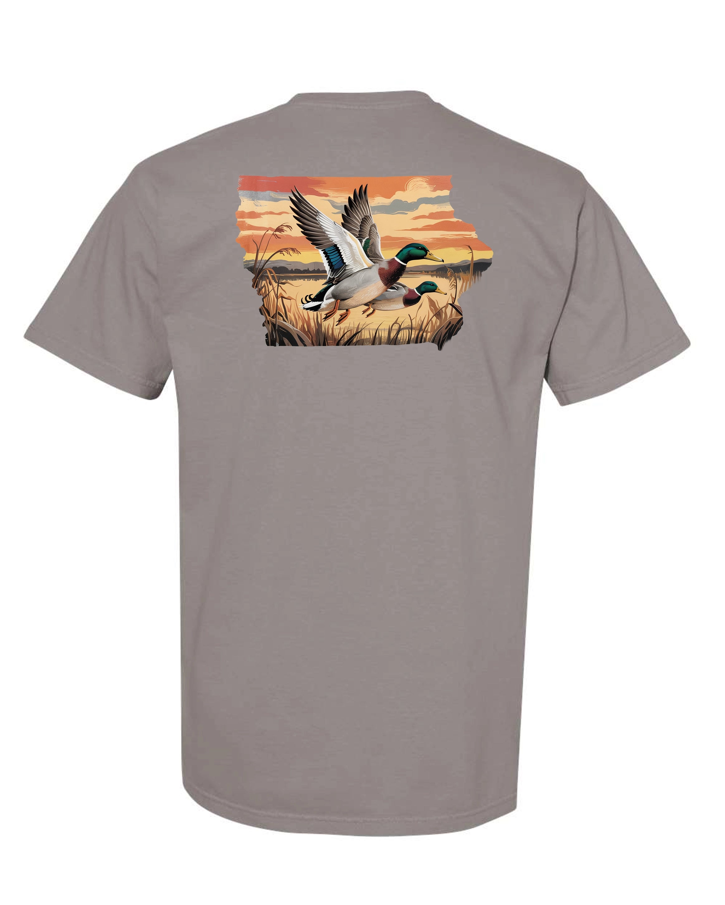 Back of Iowa Duck Hunting T-Shirt featuring large Iowa state outline with flying ducks, outdoor-themed Comfort Colors hunting tee for Iowa waterfowl hunters.