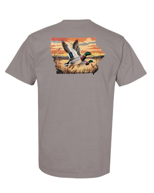 Back of Iowa Duck Hunting T-Shirt featuring large Iowa state outline with flying ducks, outdoor-themed Comfort Colors hunting tee for Iowa waterfowl hunters.