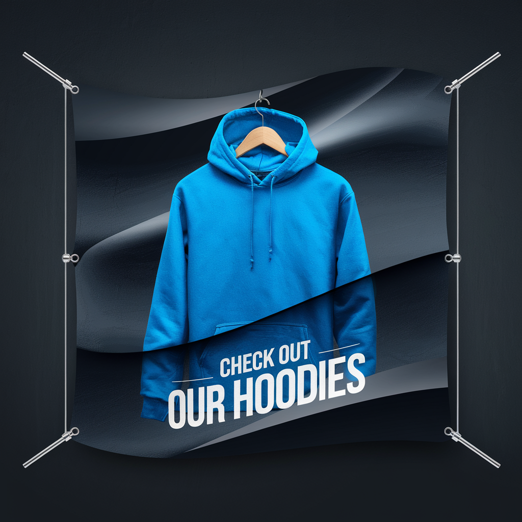 An image of a blue hoodies that says Check out our Hoodies! This banner promotes Kansas City Hoodies. 