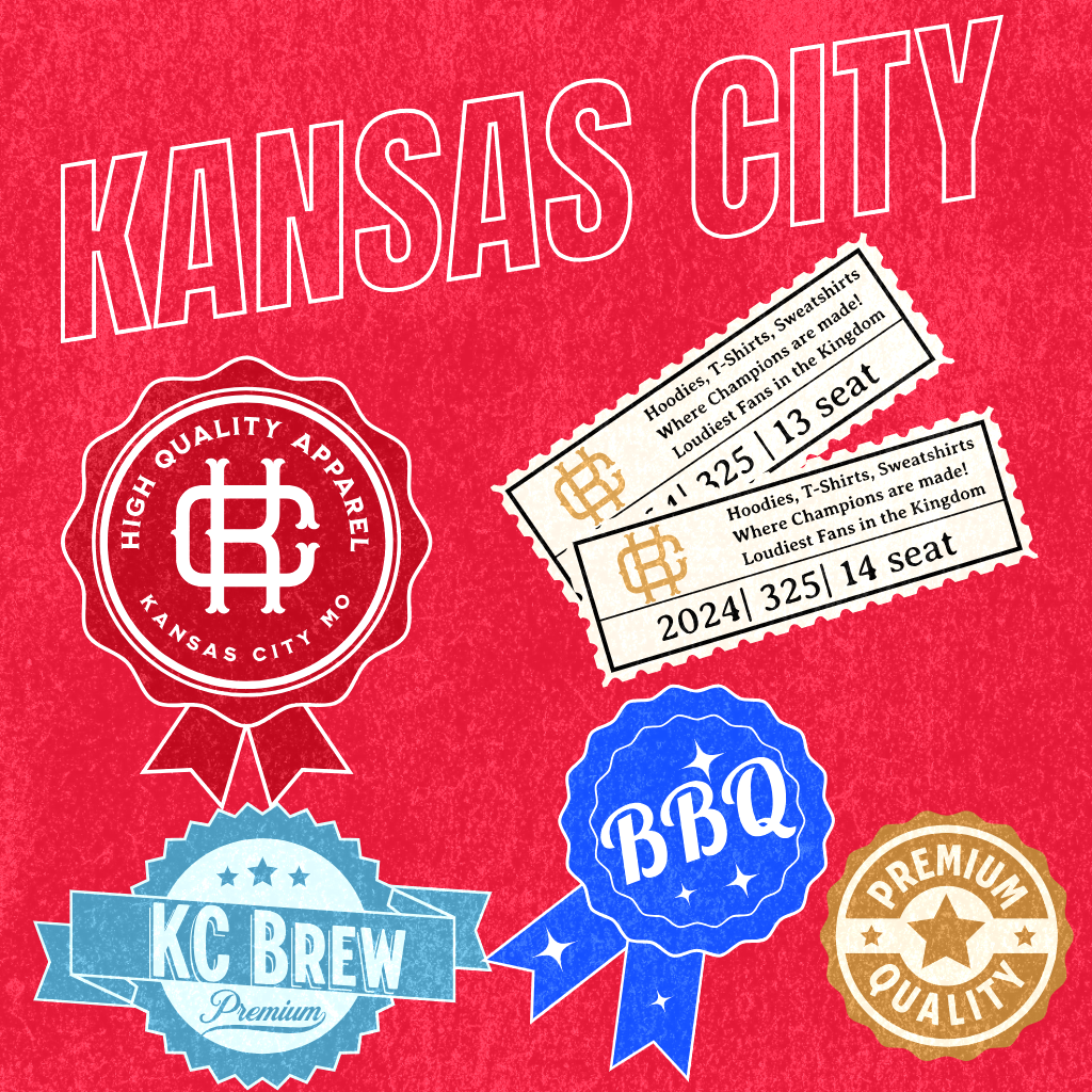 An Image that says Kansas City. The image includes a blue ribbon that says BBQ. It also features a promotional section regarding our KC t-shirts, hoodies, and apparel.