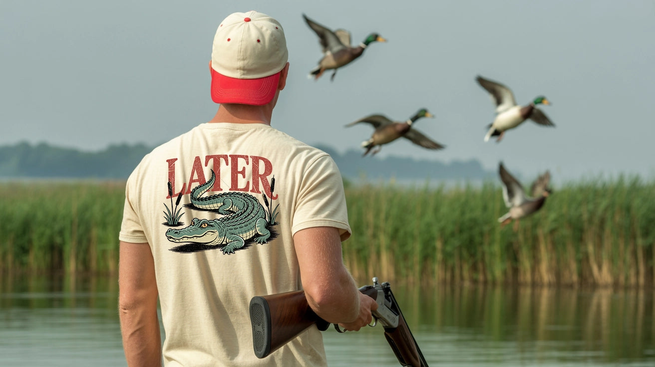 Man holding shotgun hunting near water wearing ivory t-shirt with 'Later Gator' Southern saying | Outdoor & Hunting Tees