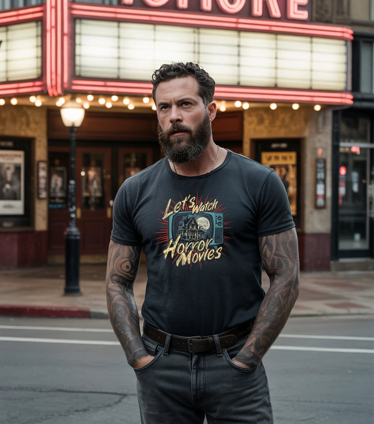 A guy standing outside of a movie theater. The guy is wearing a vintage black t-shirt that says Let's Watch Horror Movies.