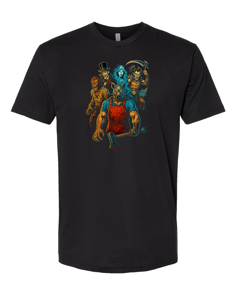 Butcher Pig horror-themed t-shirt featuring a pig in an apron with an axe, surrounded by monstrous characters and spooky details.