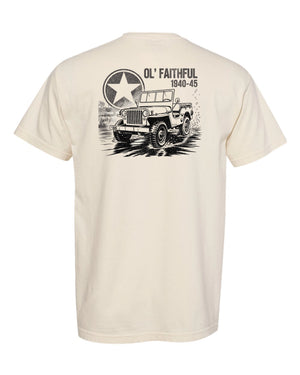 Back view of Ol’ Faithful 1940–45 vintage WWII military tee with retro graphic print honoring 1940s military history and style