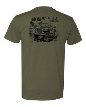 Back view of military green Ol’ Faithful 1940–45 vintage WWII military t-shirt with large retro graphic honoring 1940s wartime history