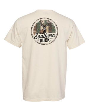 Ivory Comfort Colors Southern Buck Tee back view with vintage deer hunting graphic design, southern outdoor lifestyle t-shirt.