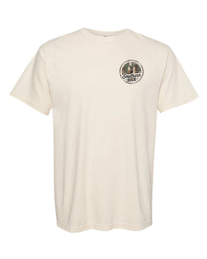 Front pocket design on Ivory Comfort Colors Southern Buck Tee with subtle deer hunting graphic, southern outdoor lifestyle shirt