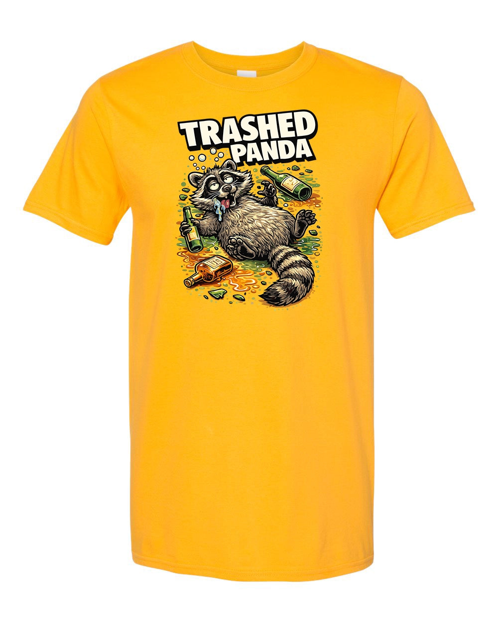 Gold Gildan Softstyle t-shirt featuring a cartoon drunk raccoon “Trashed Panda” design inspired by the viral liquor store bathroom meme.