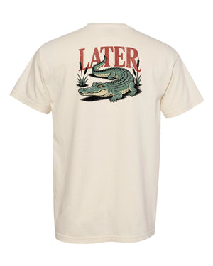 Vintage distressed back design featuring the word 'Later' in bold red text above a detailed gator graphic on a natural ivory Comfort Colors t-shirt – Southern style Later Gator tee by Tee Nation.