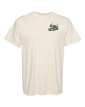 Vintage-style gator graphic on front pocket of natural ivory Comfort Colors t-shirt – Southern Later Gator tee by Tee Nation.